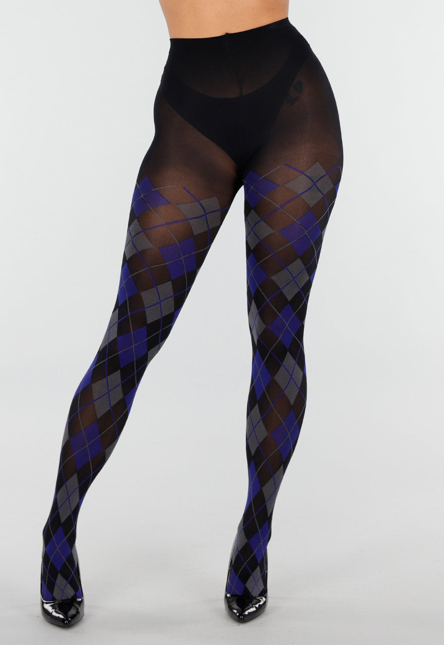 Donkerblauwe Grijze Panty met Argyle Print