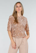 Beige Pailletten Top met Korte Mouwen en Ronde Hals