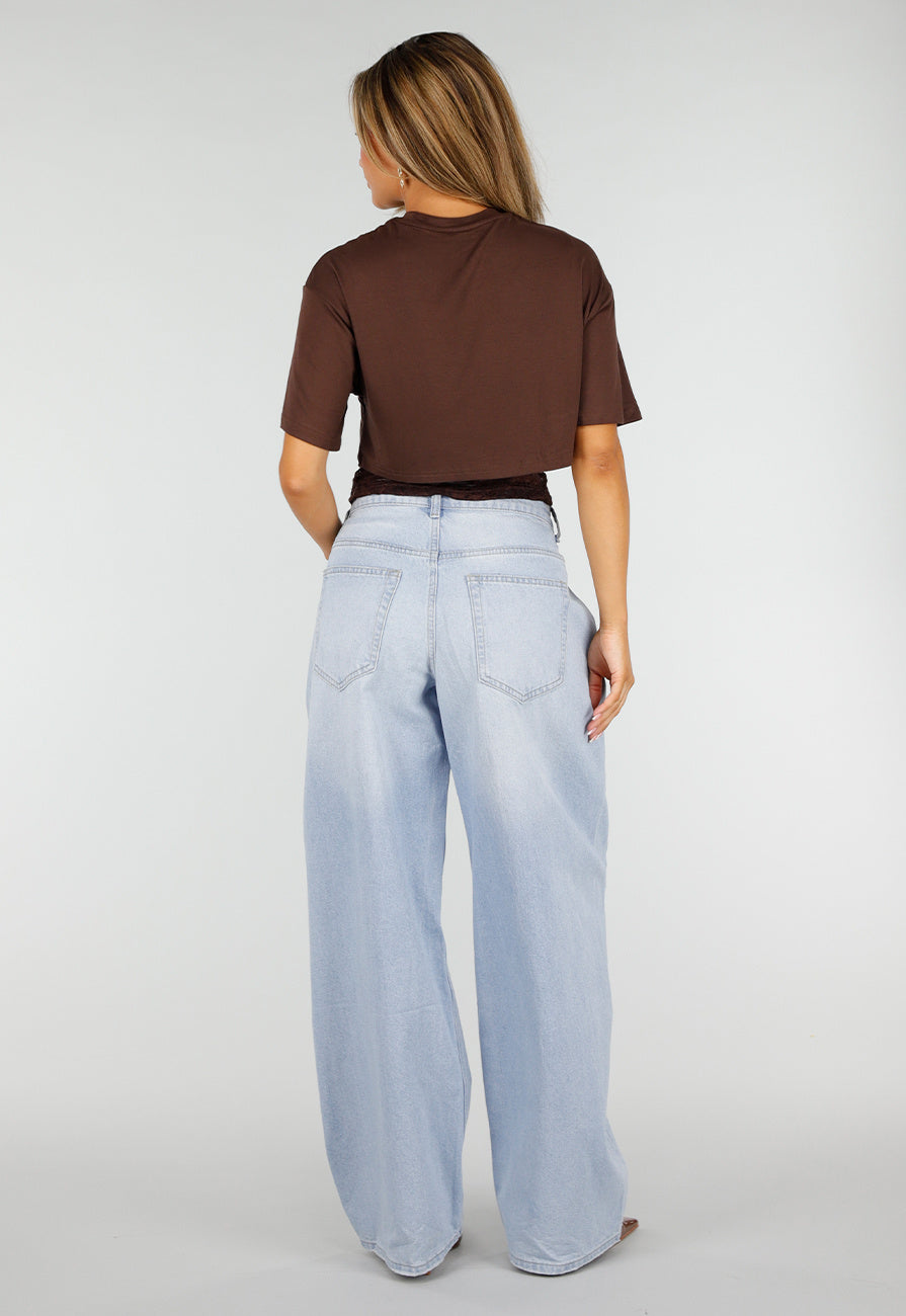 NEW190826 Bruine Crop Top met Kanten Taille en Korte Mouwen