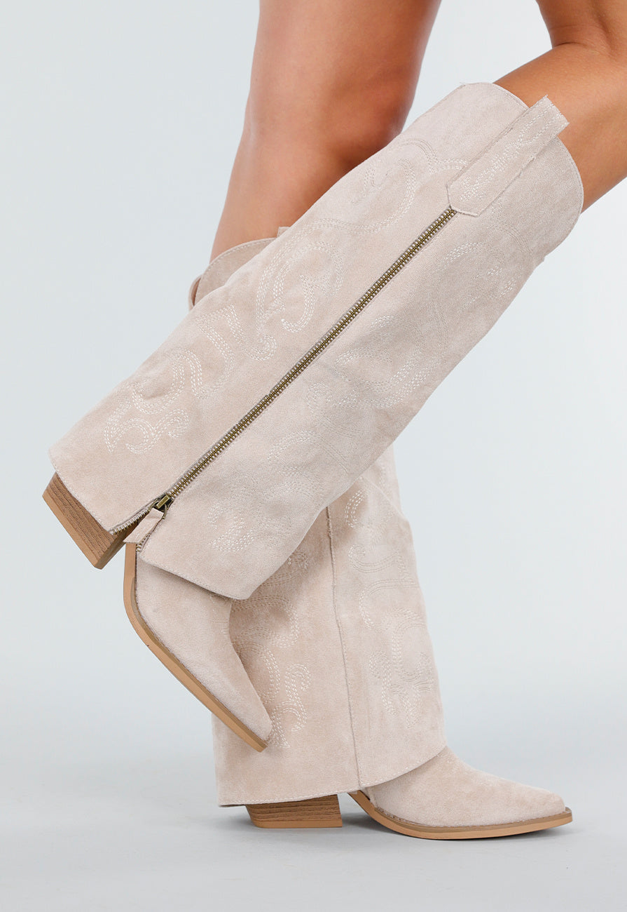 Beige Suède Look Cowboylaarzen met Stikseldetail