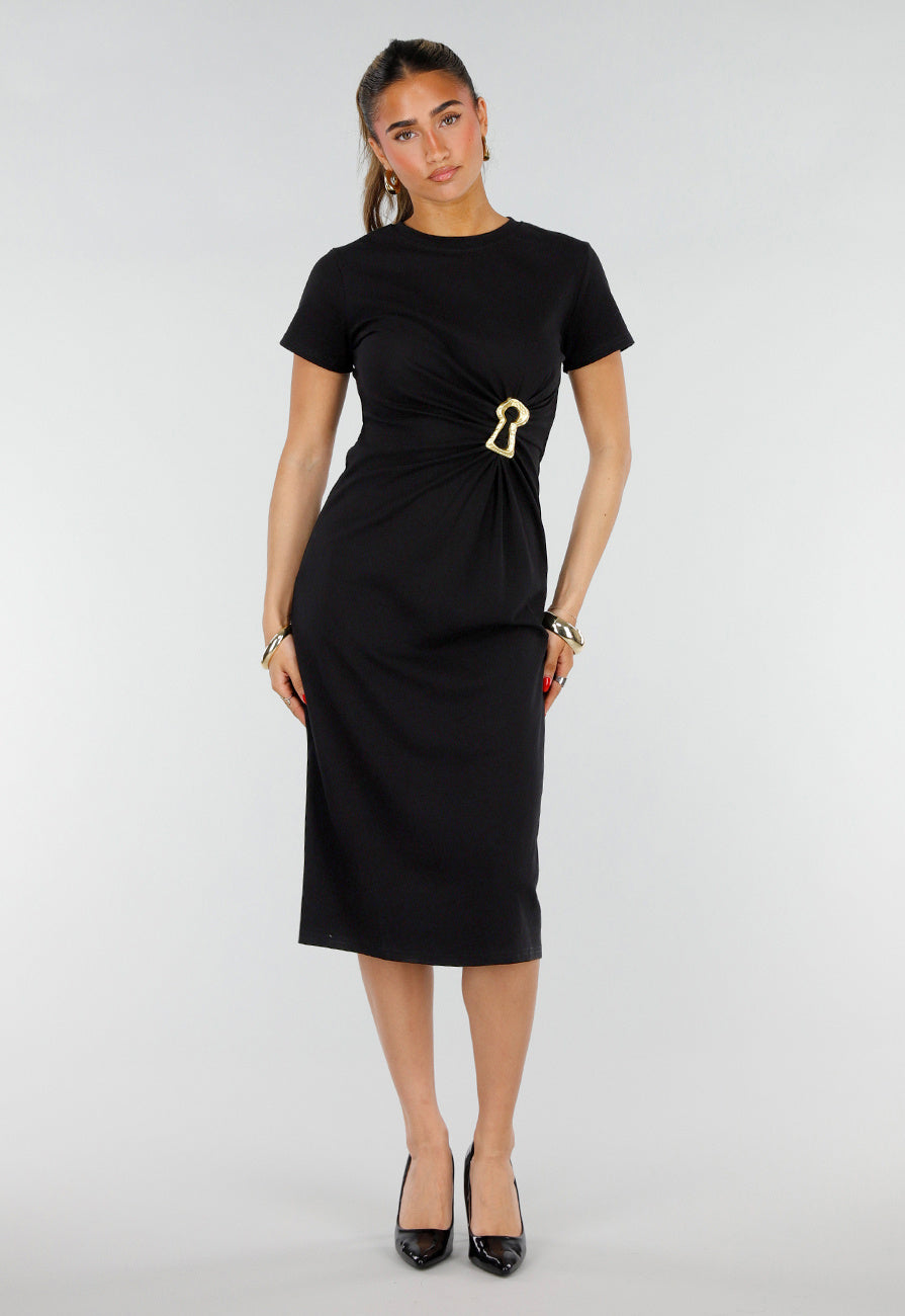 Zwarte Stretch Midi Jurk met Gouden Taille Detail